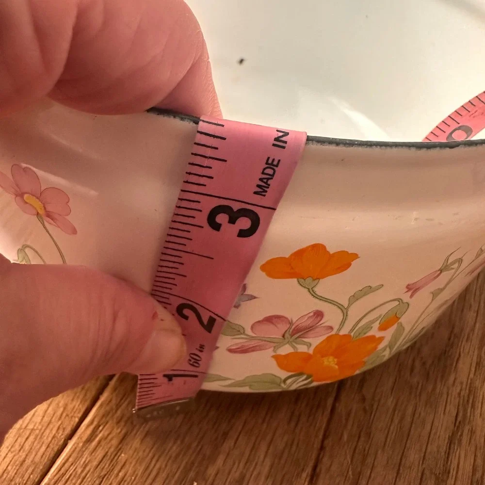 Vintage Enamel Floral Saucepan Unisex 7in Wood Handle White Orange 1970s Kitchen